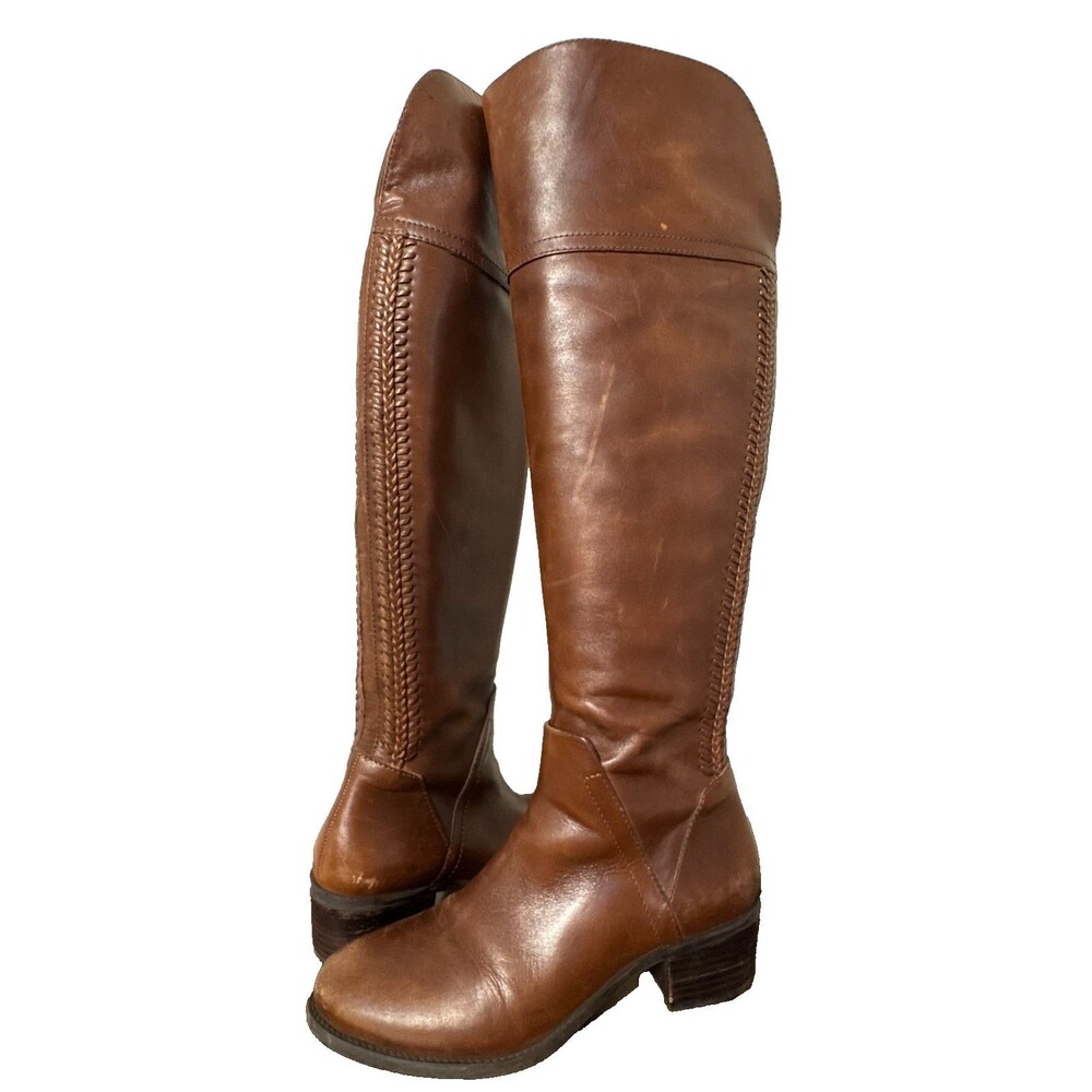 Vince Camuto Brown Leather Tall Riding Boots Braided Womens 7.5 Classic